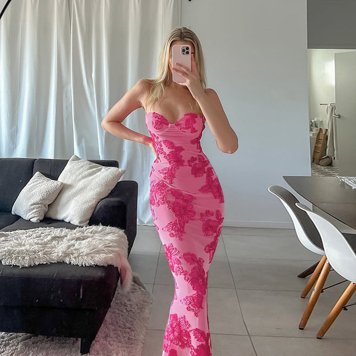 Women’s maxi dress with floral lace accents and elegant cut