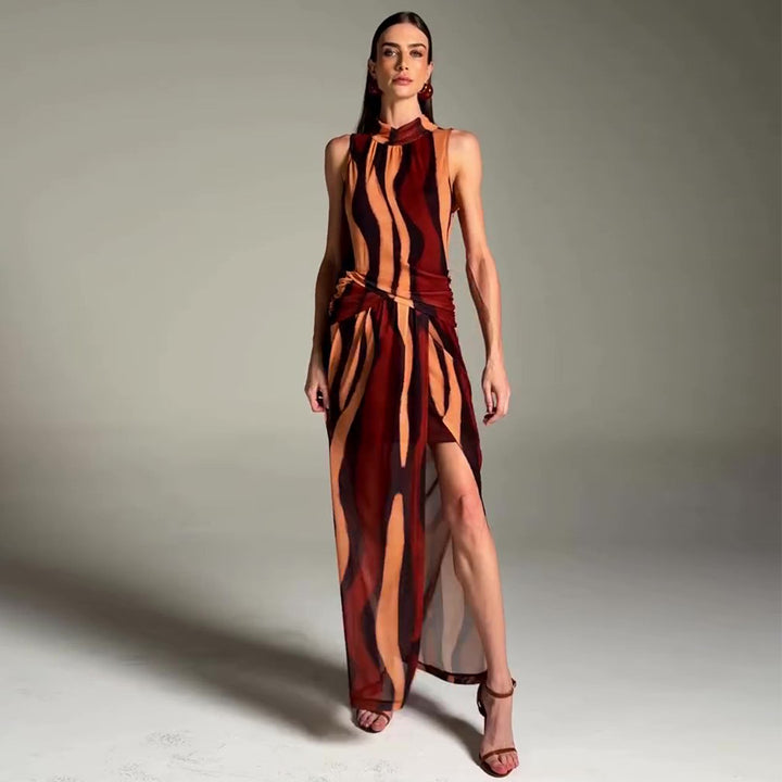 Ladies elegant maxi dress with unique stripe pattern and high collar