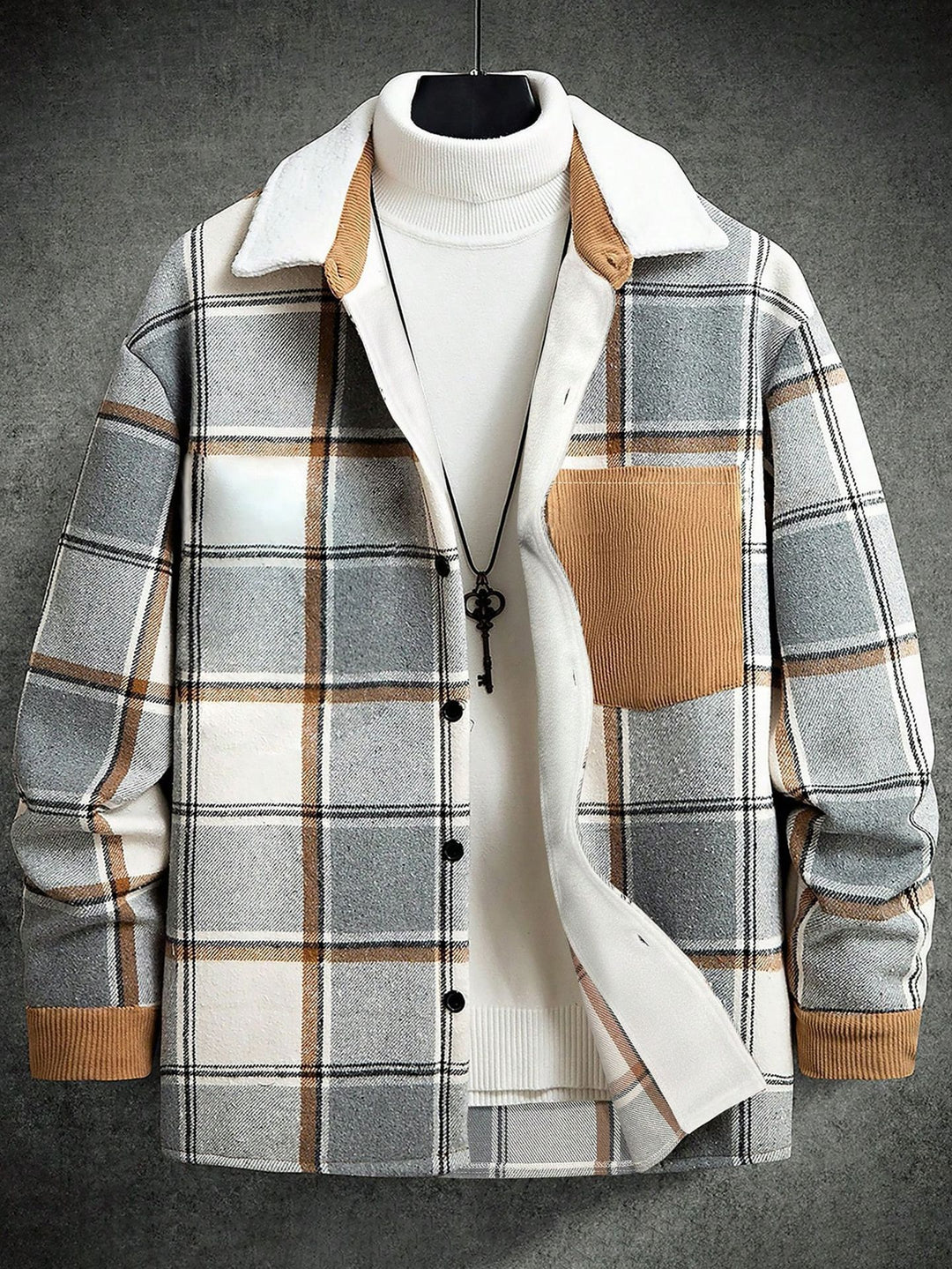 Men's Casual Flannel Jacket with Checkered Pattern and Patch Pocket Lisslune