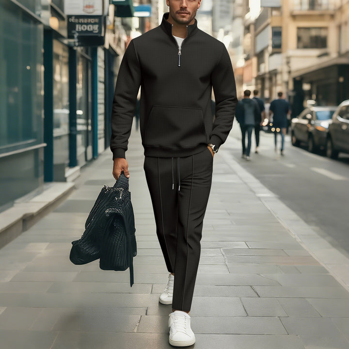 Men's Leisure Sweater Set with Modern Zipper and Elastic Waistband Lisslune