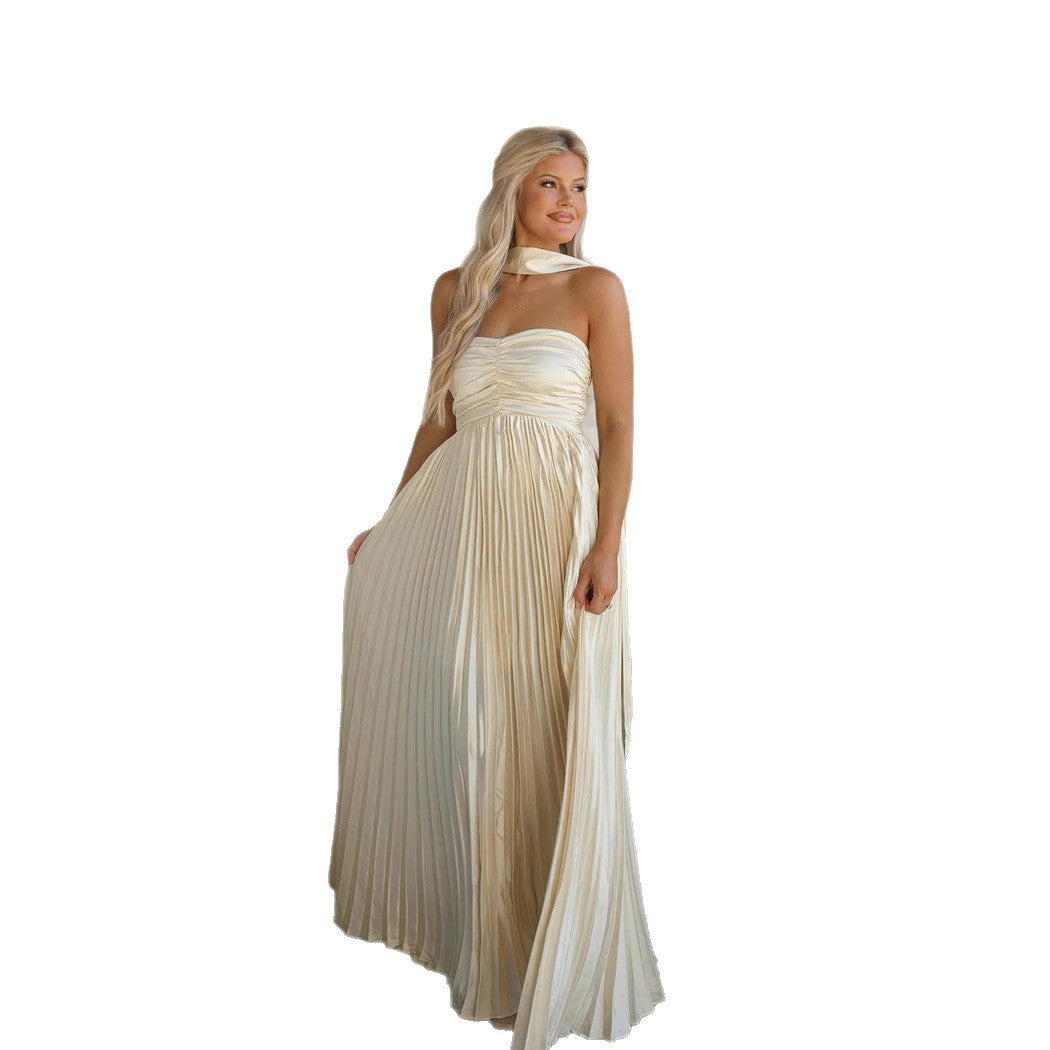 Women's Long Sleeve Maxi Dress with Elegant Pleated Skirt and Off-Shoulder Silhouette