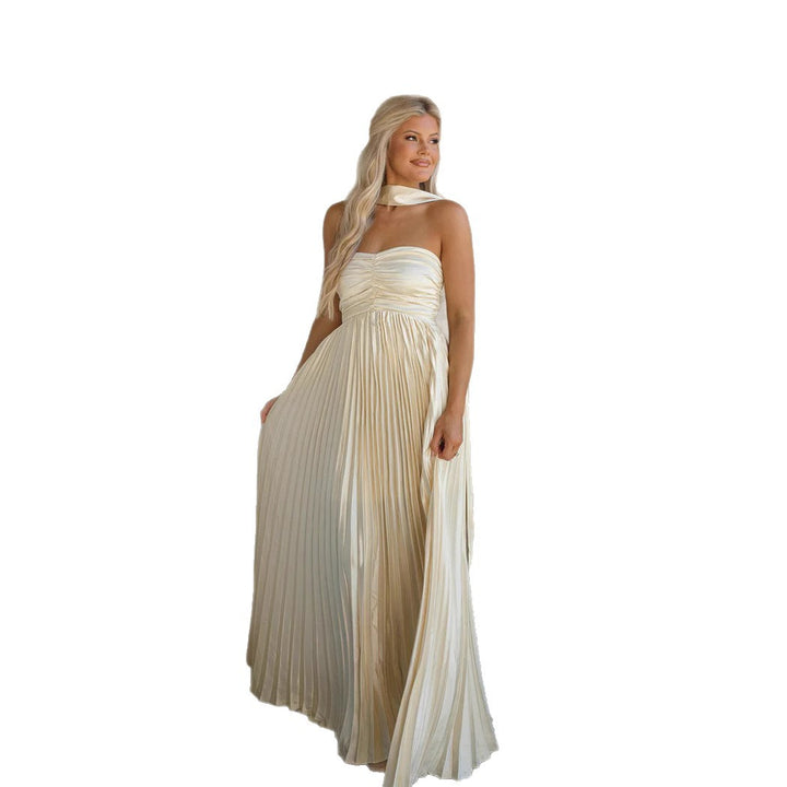 Women's Long Sleeve Maxi Dress with Elegant Pleated Skirt and Off-Shoulder Silhouette