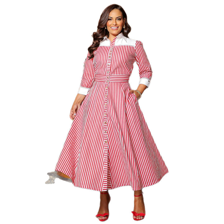 Ladies maxi dress with elegant stripes and shirt collar Lisslune