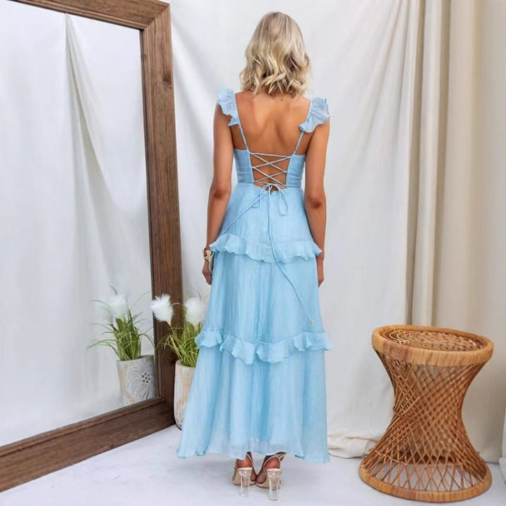 Women's maxi dress with ruffle details and fitted silhouette Lune London