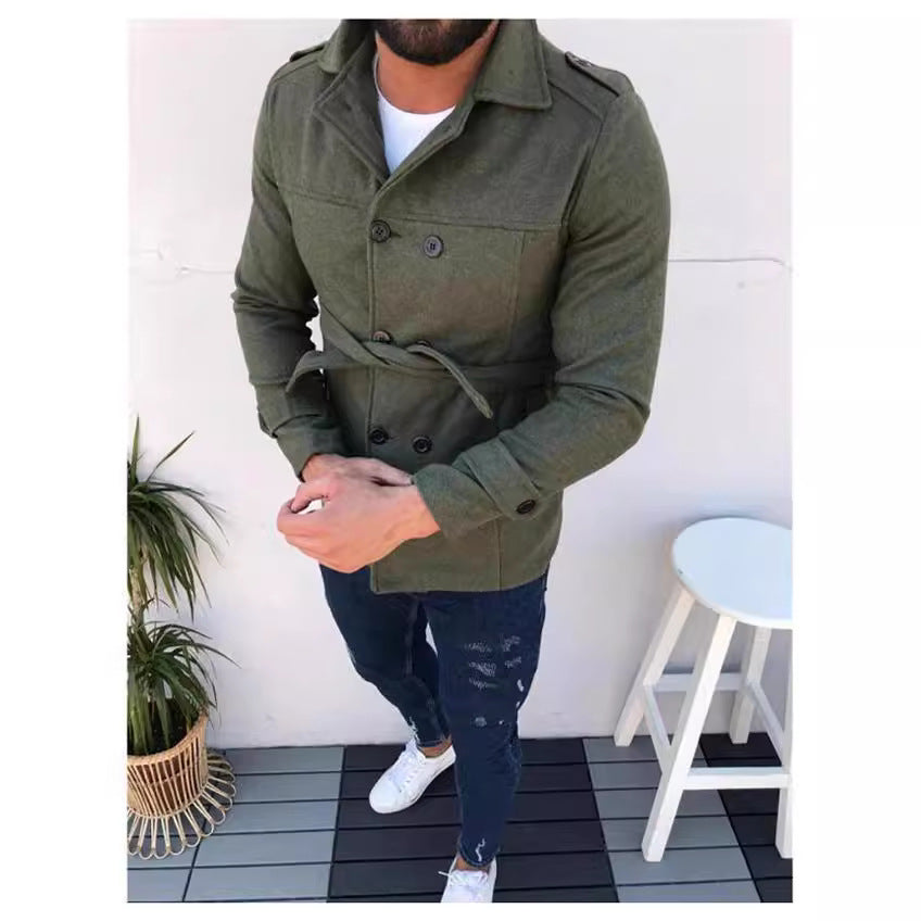 Men's fashionable trench coat with double button placket and detachable belt Lisslune