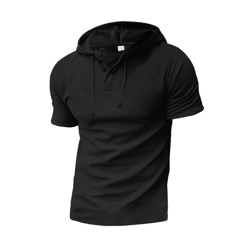 Men's Short Sleeve Hoodie Shirt with Trendy Henley Neck Lisslune