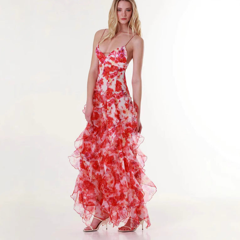 Ladies Flowing Chiffon Maxi Dress with Ruffle Details and Floral Accents Lisslune