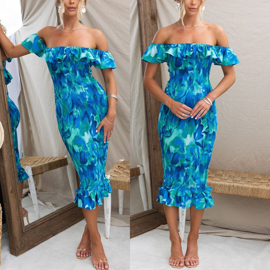 Women's Off-Shoulder Dress with Ruffles and Figure-Hugging Fit