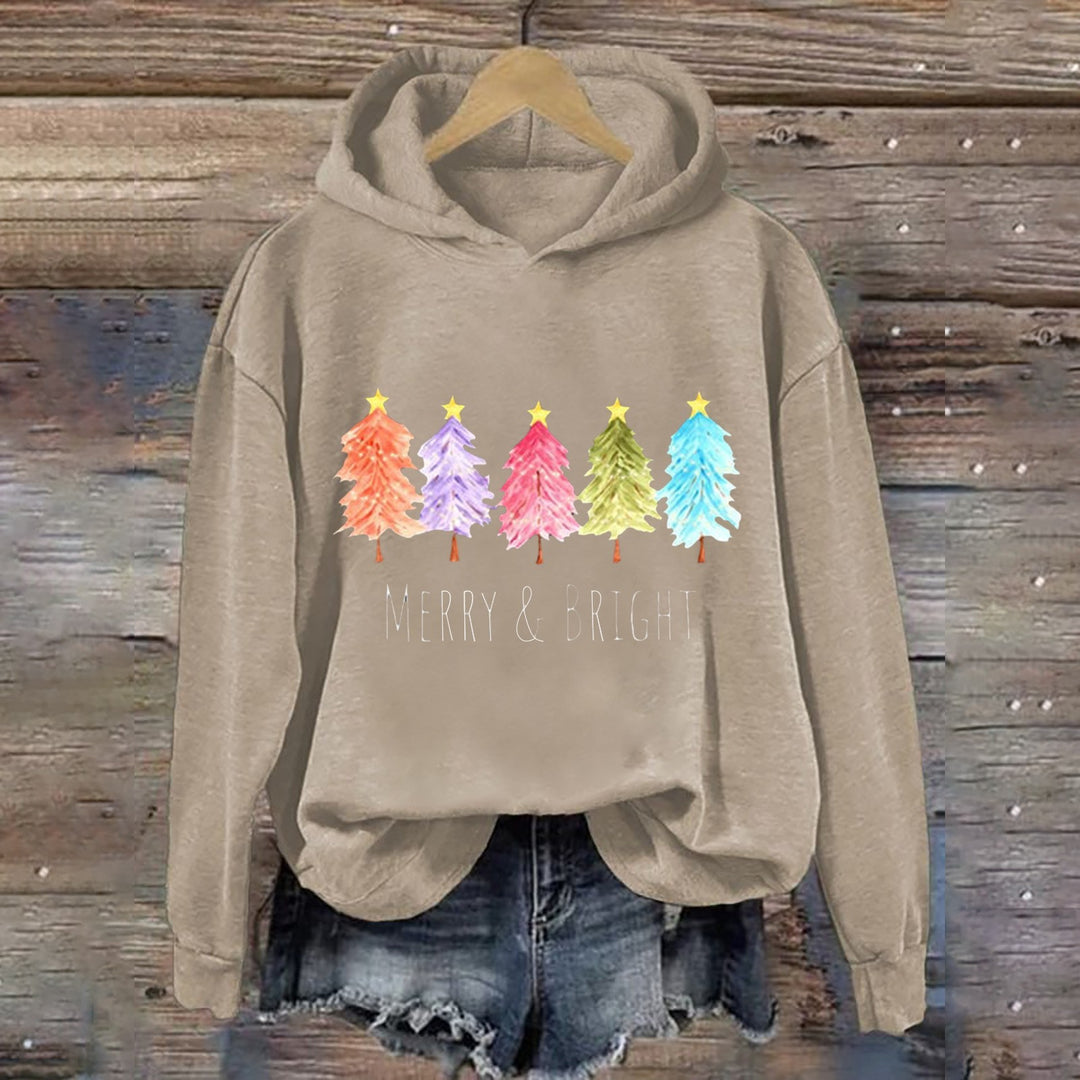 Women's Hooded Sweatshirt with Festive Tree Graphic Lisslune