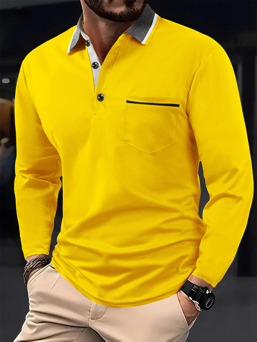 Men's Long Sleeve Polo Shirt with Textured Collar and Chest Pocket Lisslune