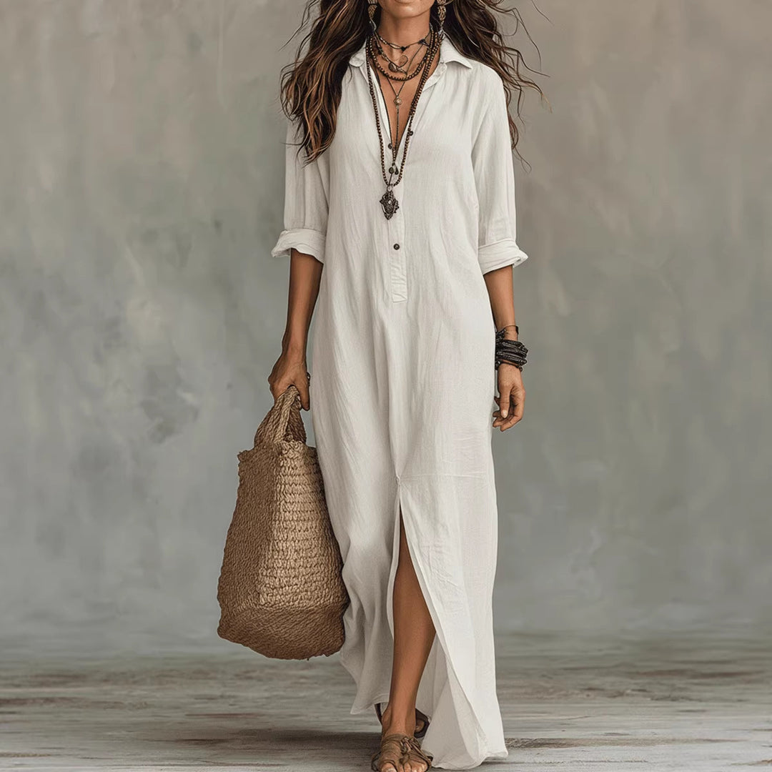 Women's Long Shirt Dress with Button Closure and Side Slit Lisslune