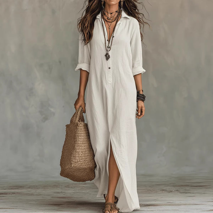 Women's Long Shirt Dress with Button Closure and Side Slit Lisslune