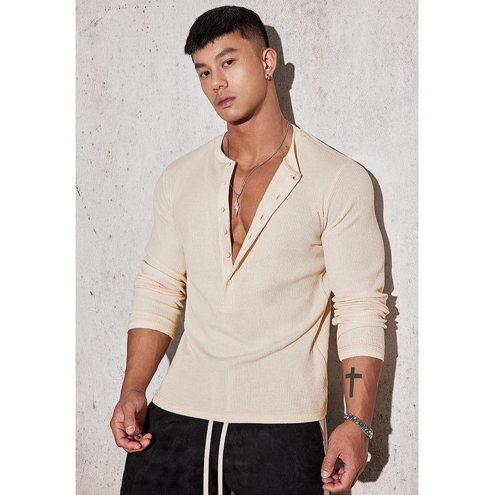 Men's long-sleeve shirt with textured design and fashionable button details Lisslune