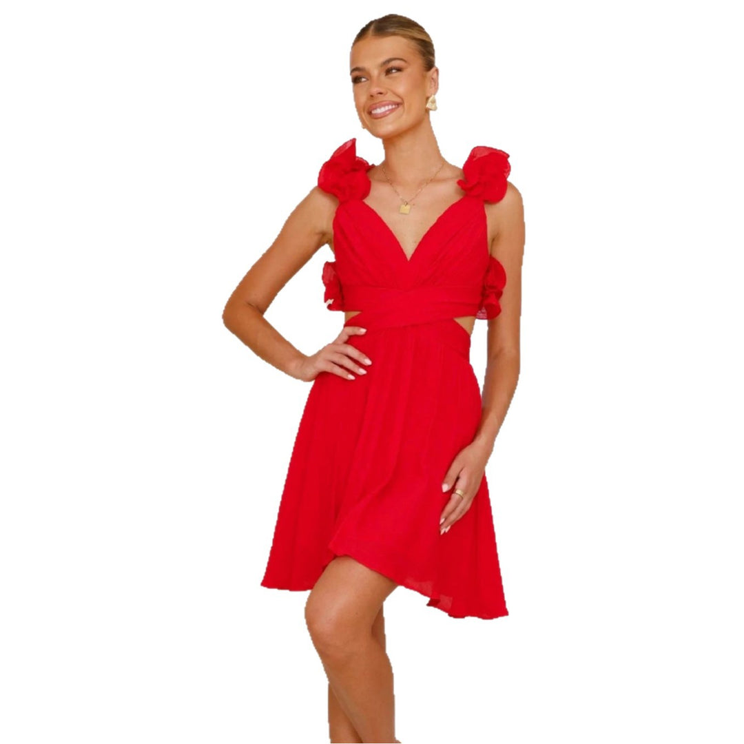Women's casual summer dress with voluminous ruffled straps and V-neck