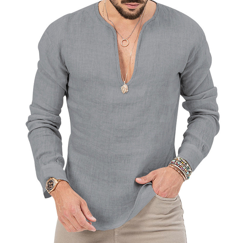 Men's airy linen shirt with deep V-neck and casual fit Lisslune
