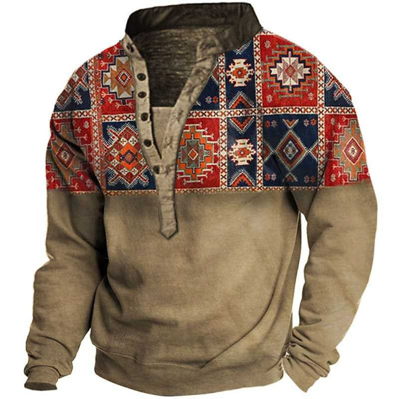Men's fleece pullover with unique ethnic pattern and practical button details Lisslune