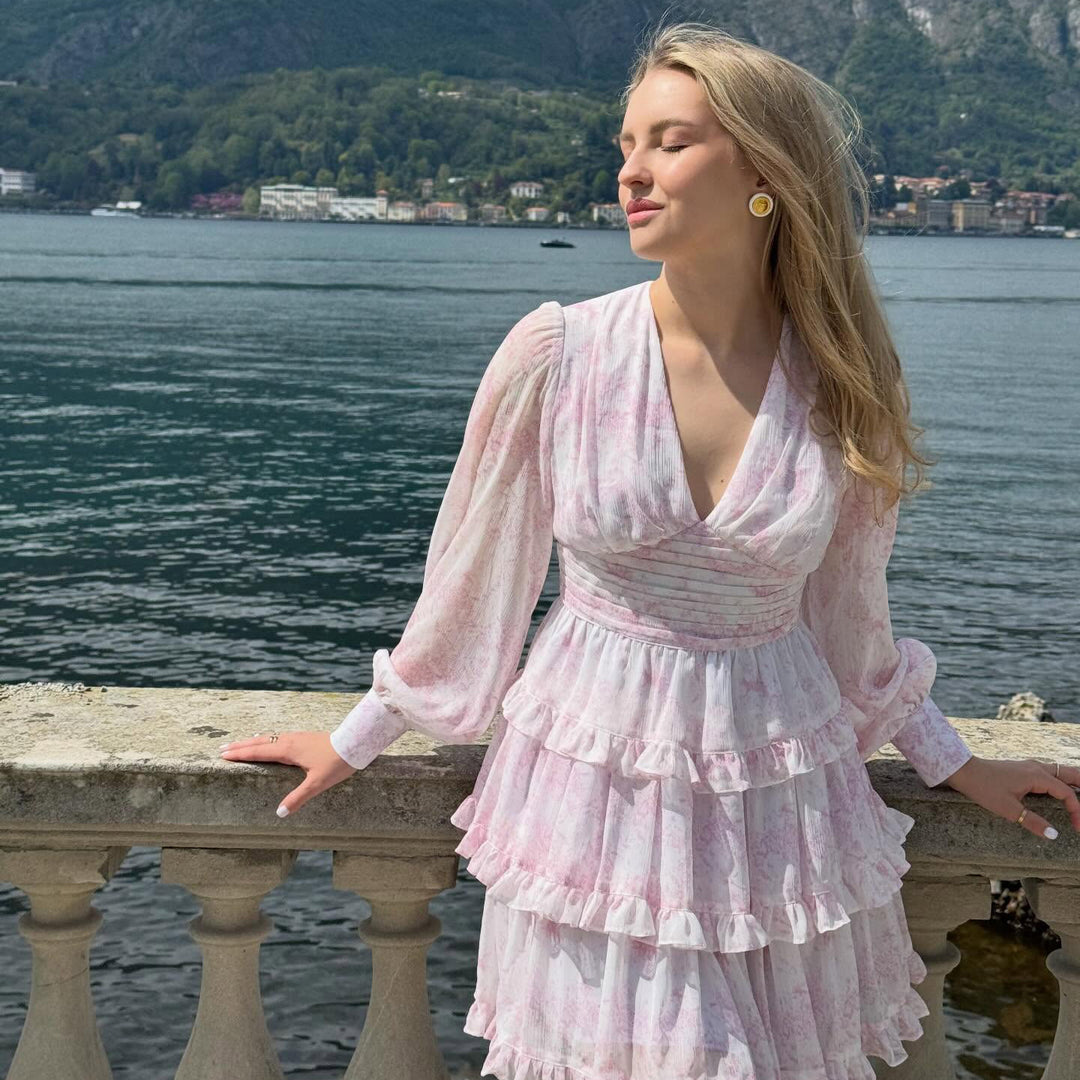 Women's romantic ruffle detail dress with deep V-neck and long sleeve Lisslune