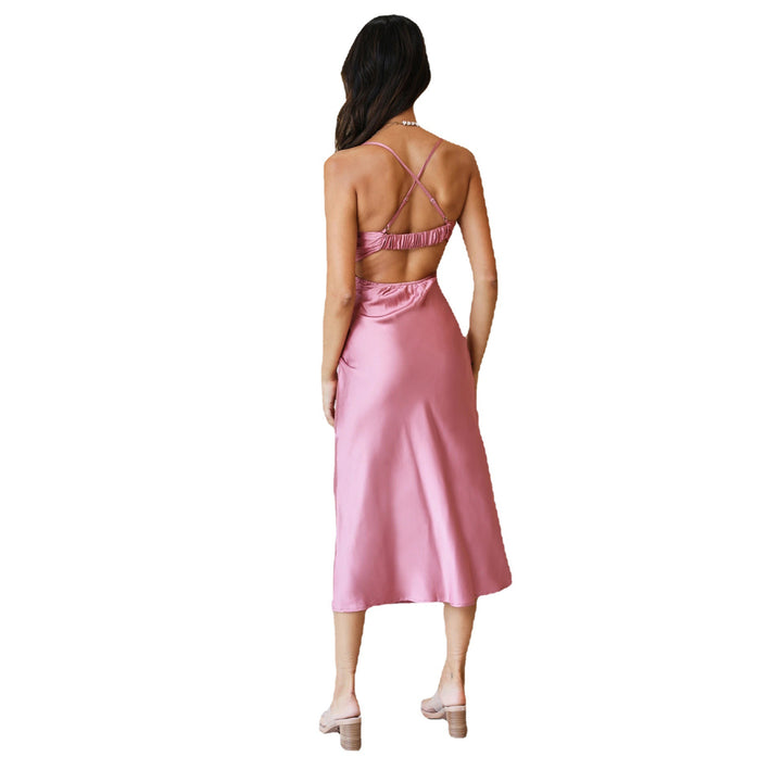 Women's midi dress with exciting keyhole neckline and flowing satin material
