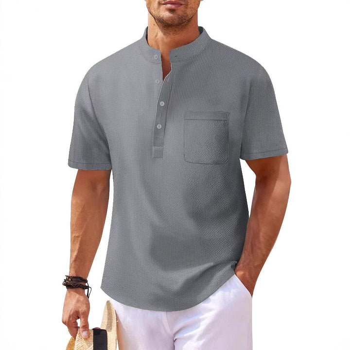 Men's Short Sleeve Shirt with Modern Stand Collar and Subtle Texture Lisslune