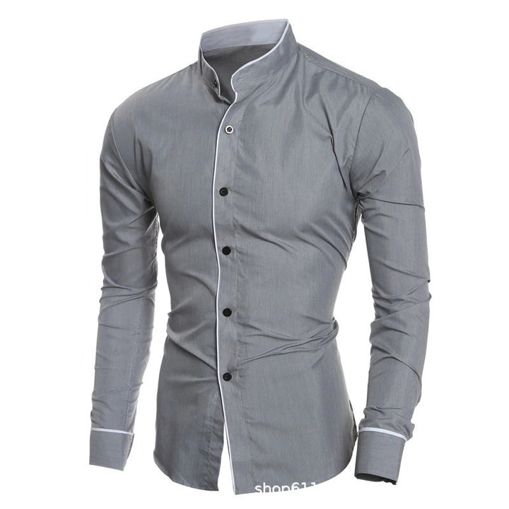 Men's Long-Sleeved Shirt with Modern Stand Collar and Contrasting Accents Lisslune