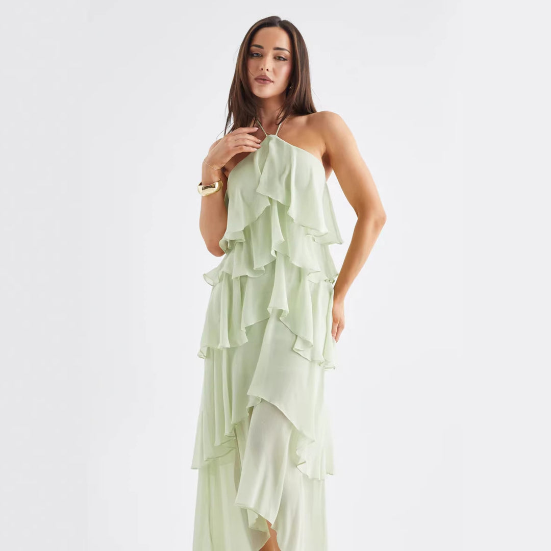 Women's Airy Chiffon Maxi Dress with Ruffle Details and Elegant Halter Neck Lisslune