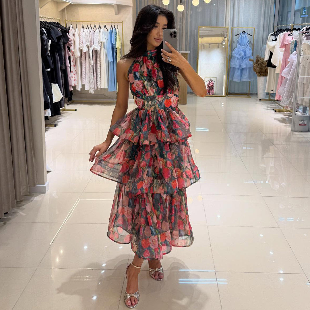 Ladies max dress with transparent layers and floral design Lisslune