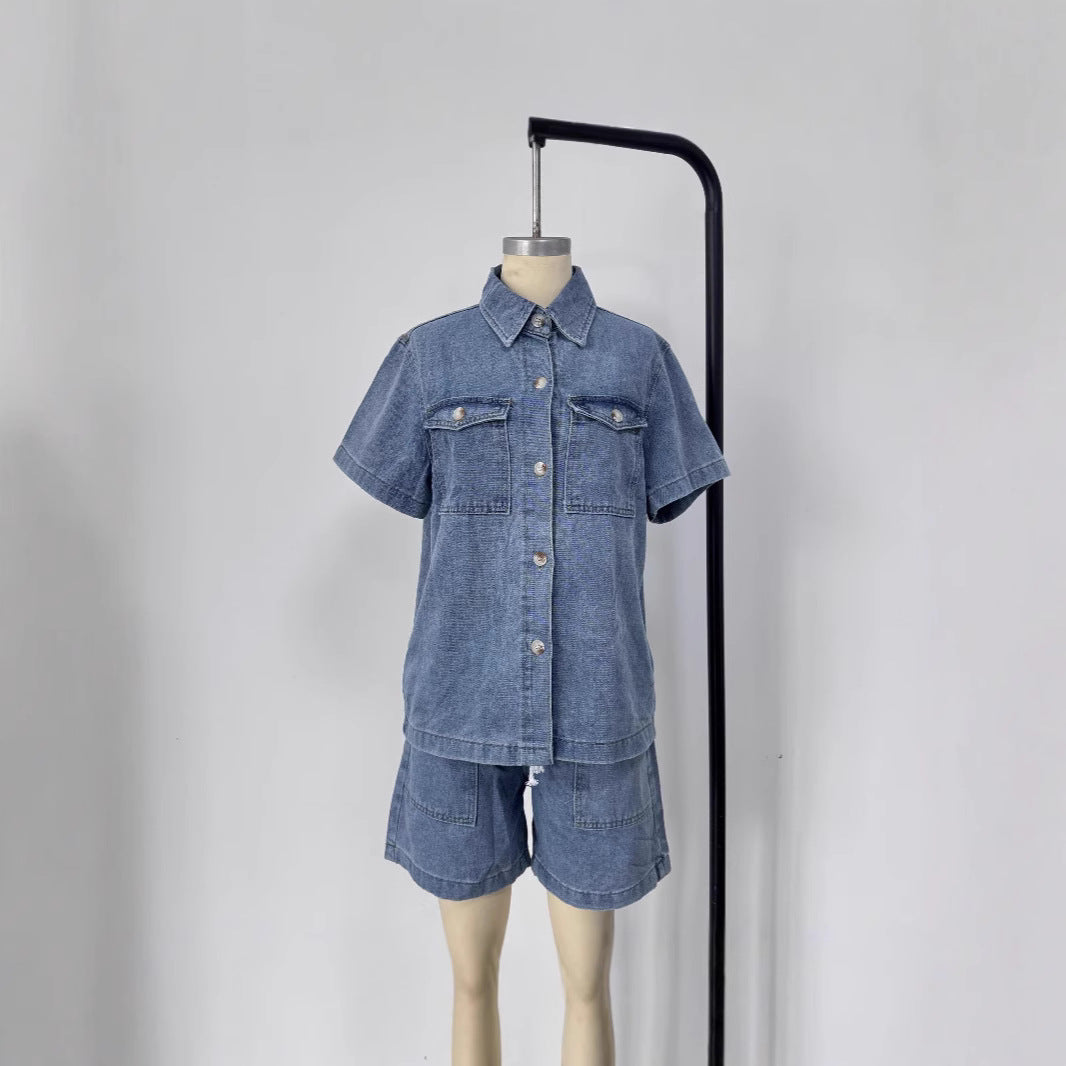 Women's denim shirt and shorts set in trendy style Lisslune