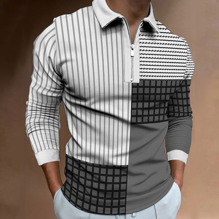 Men's Long Sleeve Polo Shirt with Modern Patchwork Design Lisslune