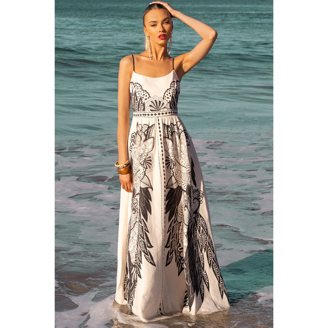 Women's maxi dress with fine straps and artistic graphic print
