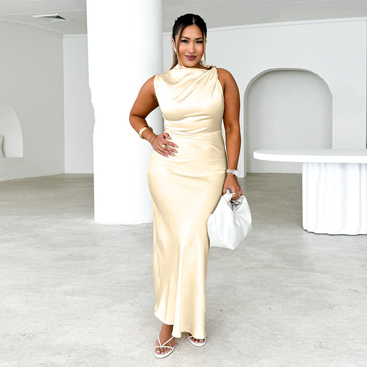 Women's Elegant Jersey Maxi Dress with Asymmetrical Neckline and Figure-Hugging Cut