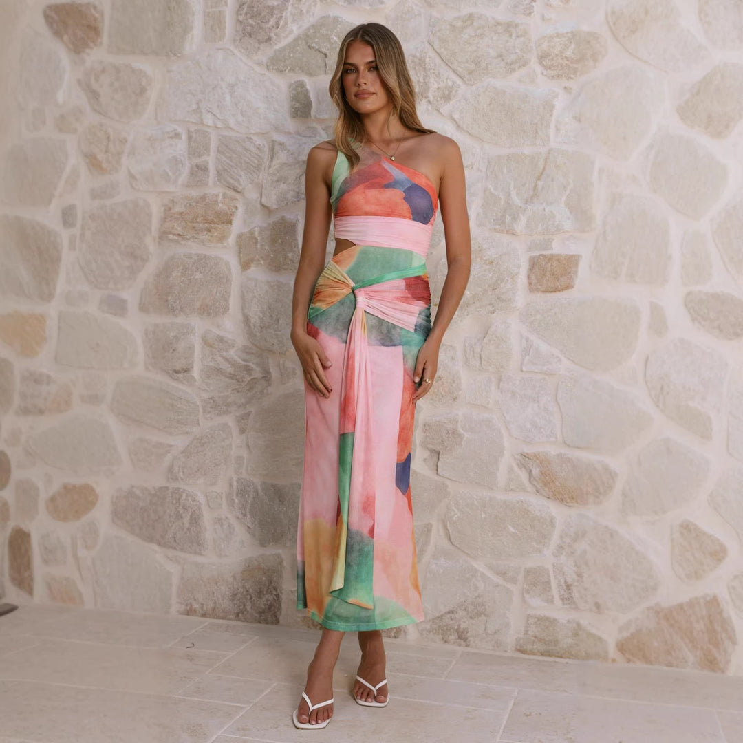 Women’s wrap maxi dress with asymmetric strap and floral accents Lune London