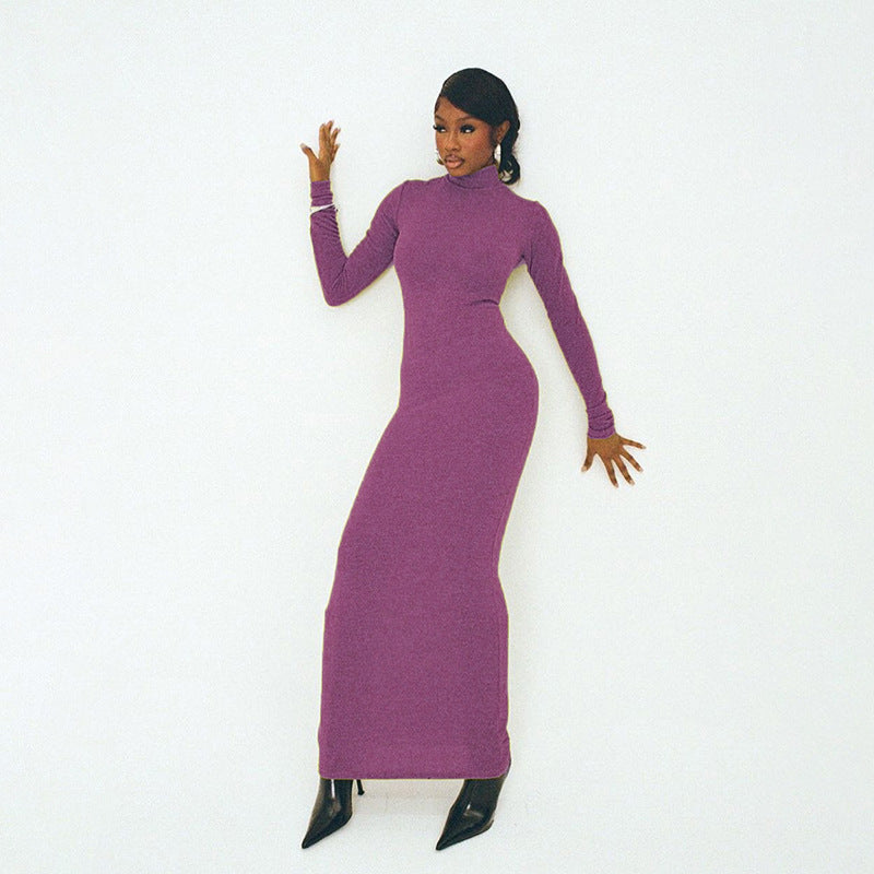 Ladies Long Sleeve Maxi Dress with Elegant Stand Collar and Fitted Cut Lune London