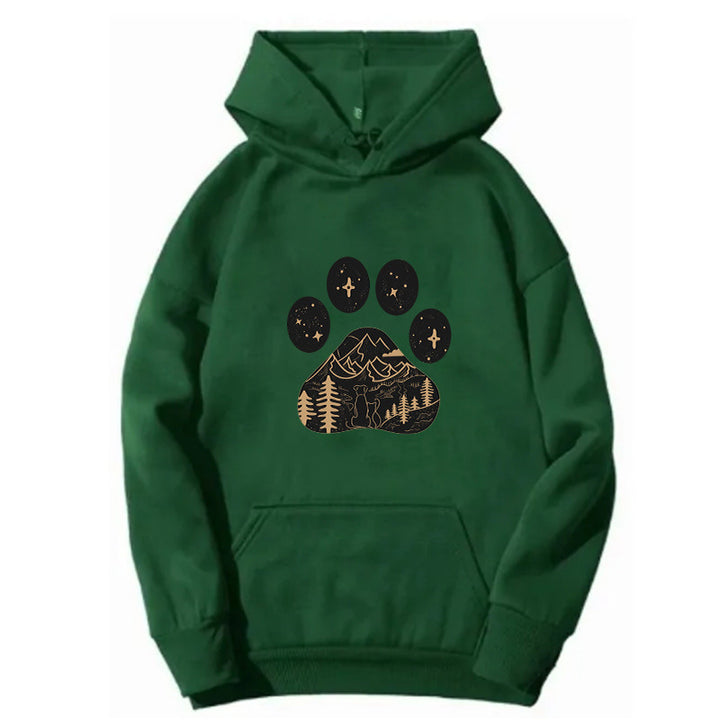 Ladies hoodie with creative paw print design and mountain landscape Lisslune