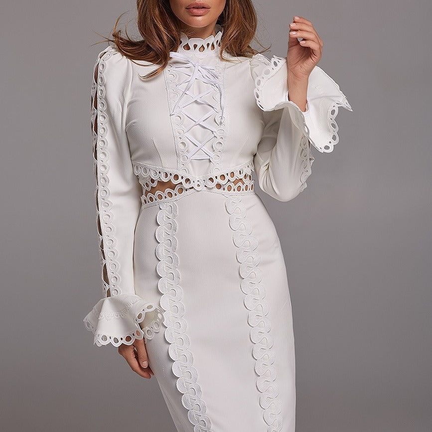 Ladies Elegant Maxi Dress with Lace Appliqués and Peplum Lisslune