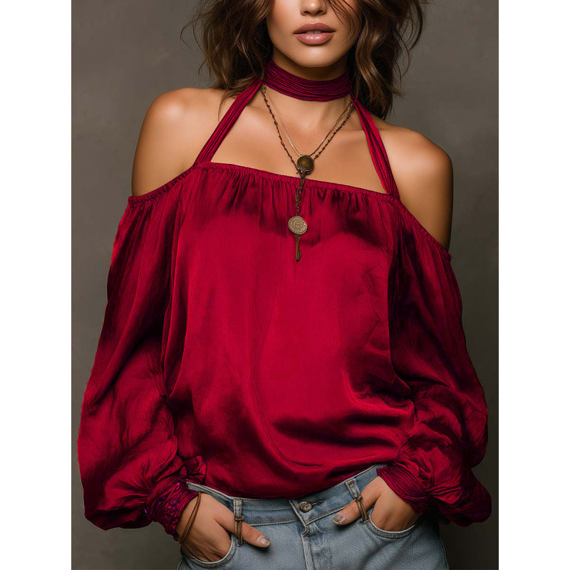 Women Off-Shoulder Blouse with Voluminous Sleeves and Choker Lisslune