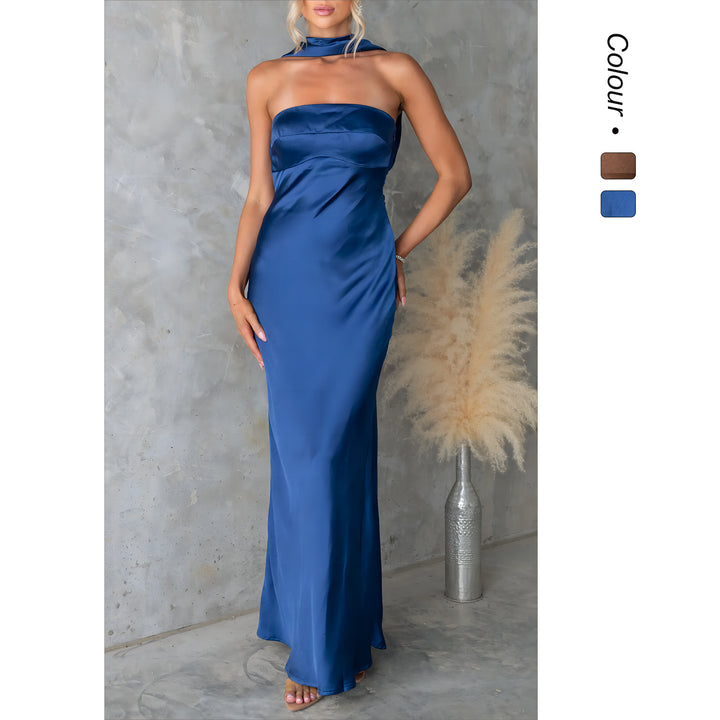 Ladies Elegant Evening Dress with Off-Shoulder Design and Shimmering Satin