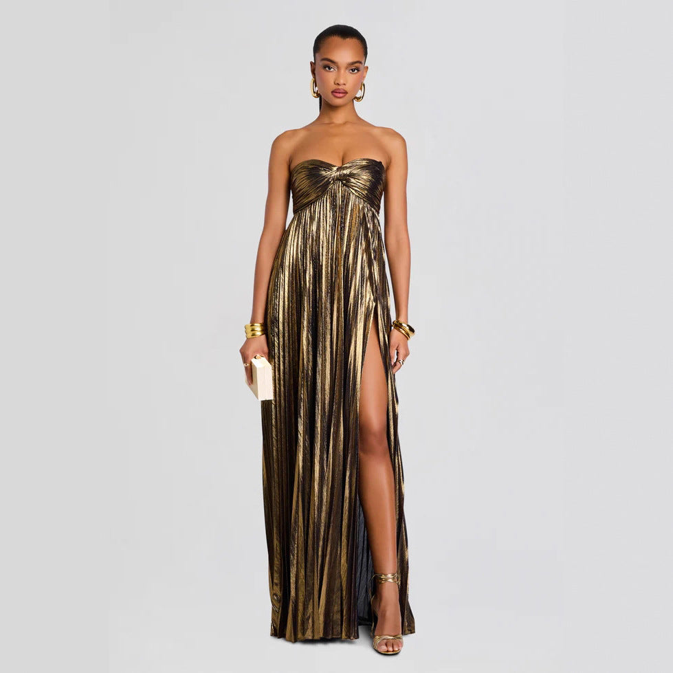 Women's evening dress with off-shoulder design and elegant slit Lune London