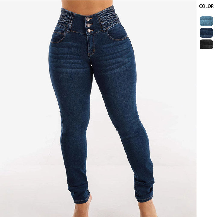 Women High-Waisted Jeans with Elastic Waistband and Button Details Lisslune