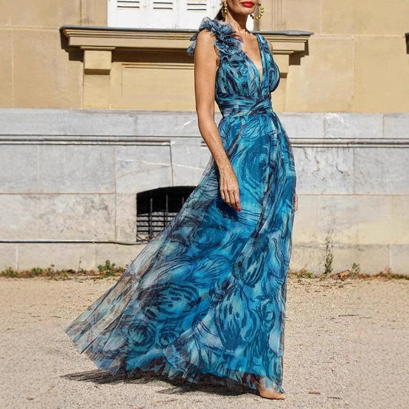 Ladies Elegant Maxi Dress with Delicate Ruffle Details and Opaque Chiffon Lisslune