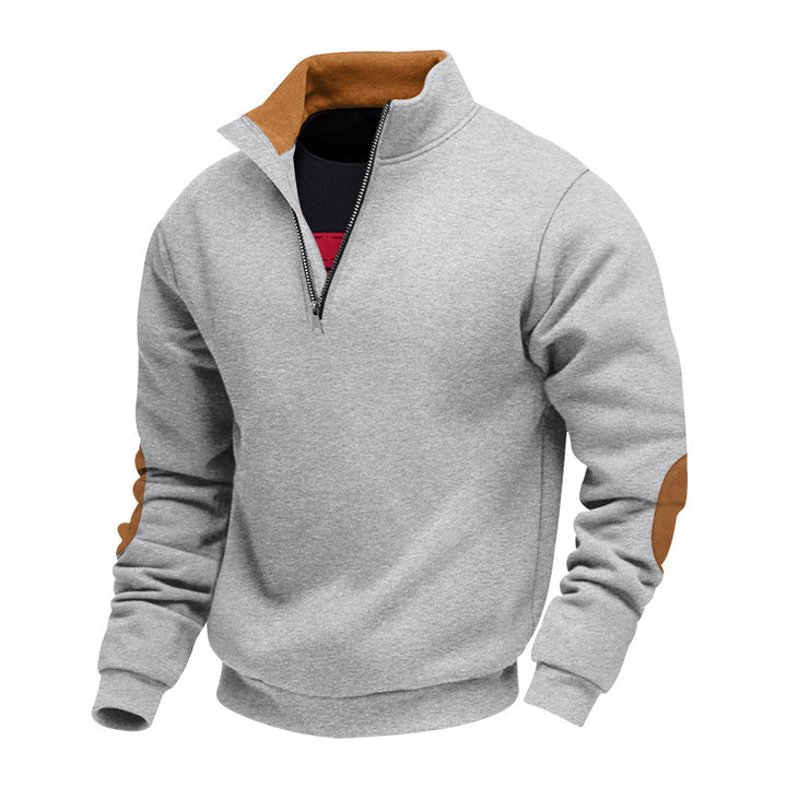 Men's Sporty Stand Collar Sweater with Zipper and Leather Accents Lisslune