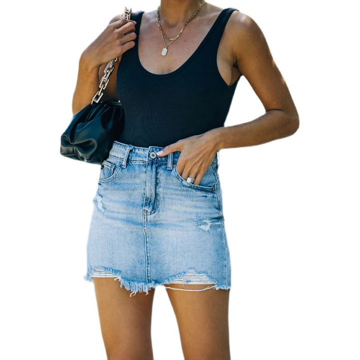 Women's denim skirt in a casual used look with fringed hems Lisslune