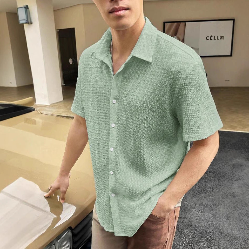 Men's short-sleeve shirt with textured fabric and fashionable collar Lisslune