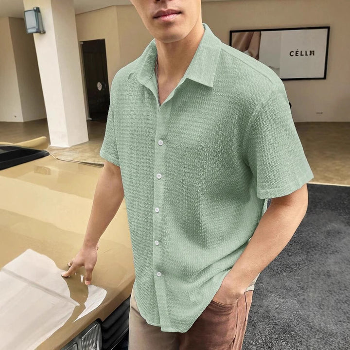 Men's short-sleeve shirt with textured fabric and fashionable collar Lisslune