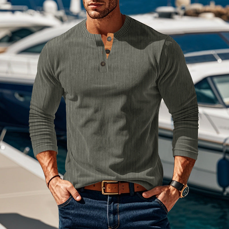 Men's long sleeve shirt with textured stand-up collar and practical button details Lisslune
