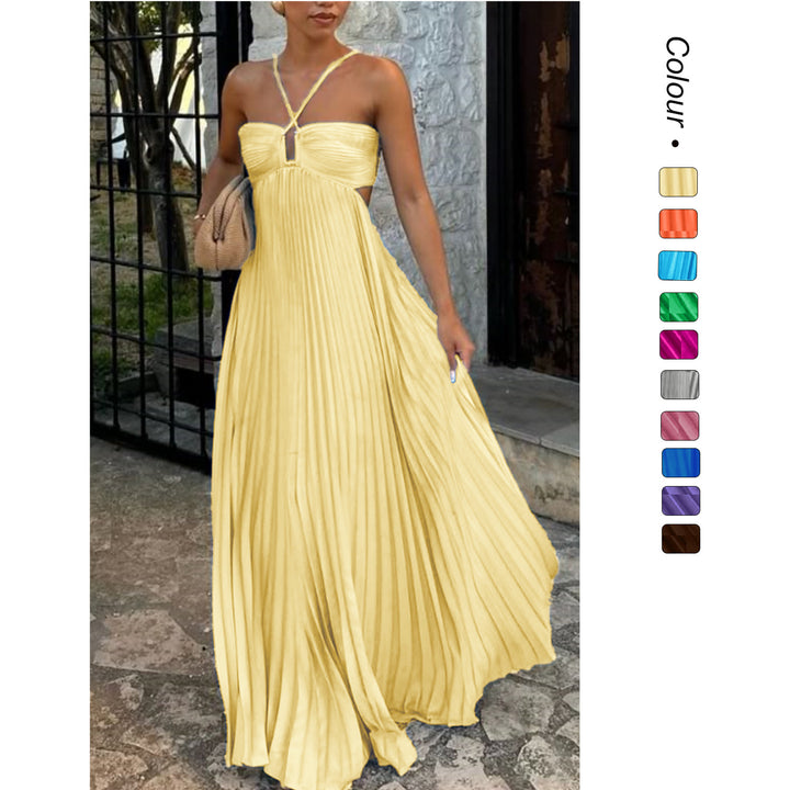 Women's pleated dress with off-the-shoulder design and refined strap details