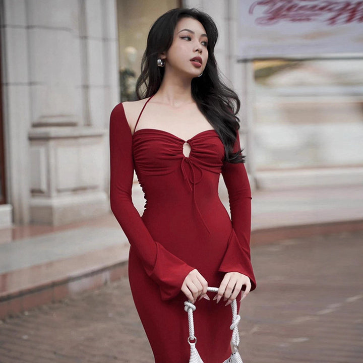 Ladies fitted elegant dress with long sleeves and sophisticated neckline