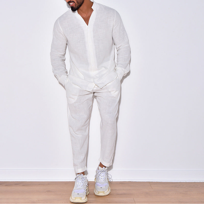 Men's casual linen outfit with button placket and elastic waistband Lisslune