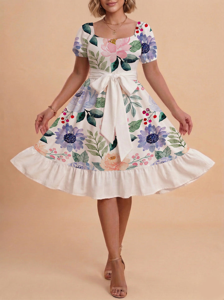 Women's Midi Dress with Elegant Floral Print and Fitted Belt Lisslune