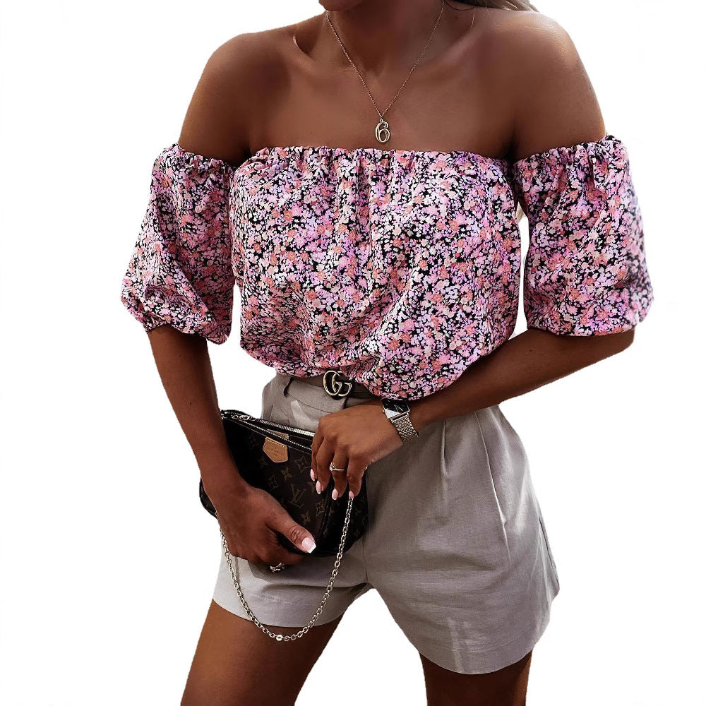 Ladies Off-Shoulder Blouse with Voluminous Puff Sleeves and Floral Pattern Lune London