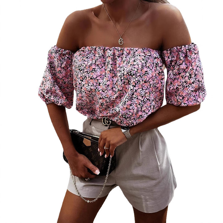 Ladies Off-Shoulder Blouse with Voluminous Puff Sleeves and Floral Pattern Lune London